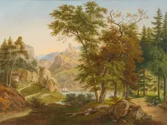 Anton Radl, Rhine Landscape with a View of Drachenfels, Oil on canvas (relined)