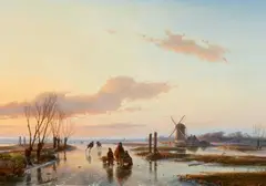 Andreas Schelfhout, Skaters on a Frozen River, Oil on panel