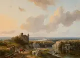 Andreas Schelfhout, Summer Panorama: View over a River Valley in Summer from a Mountain with a Ruined Castle