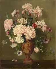 Gabriel Schachinger, Bouquet of Peonies, Petunias and Trailing Lobelia in a Vase Decorated with Putti, Oil on canvas