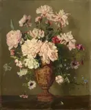 Gabriel Schachinger, Bouquet of Peonies, Petunias and Trailing Lobelia in a Vase Decorated with Putti, Oil on canvas