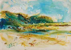 Affandi, Landscape by a sea under a blue sky, Landscape by a sea under a blue sky. Oil on canvas. Signed and dated 1985 lower left. On the reverse of the wooden frame in black: M 755 1985. Framed