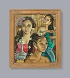 Sonnega Auke Cornelis, Three Balinese girls. 1956, Oil on canvas, framed in a frame carved by the artist. Signed and dated to the lower right in red A. Sonnega '56
