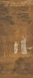 Tang Yin, At the garden gate, Hanging scroll. Ink and light colours on silk. Father and son or master and disciple with a deer standing in front of a garden gate. Inscription Tang Yin and a seal (illegible). On the left three collector's seals (illegible). Upper