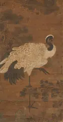 Zhao Mengjian, A crane, Hanging scroll. Ink and colours on silk. A crane standing under a pine tree, grooming its feathers. Inscribed Zhao Zigu