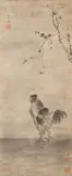 Zhu Da, Proud rooster under plum blossom branches, Hanging scroll. Ink on paper. Inscribed Bada shanren and sealed Geshan and Dada shanren. Two collector's seals (unread) at the lower right and one artist's seal Heyuan