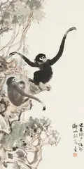 Danzhai Liu, Three monkeys, Hanging scroll. Ink and colours on paper. Dated cyclically jiwei (1979), signed Danzhai and sealed Liu Danzhai