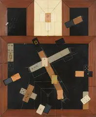 Vladimir Nemukhin, Black playing card table, 1990, Oil and collage on canvas