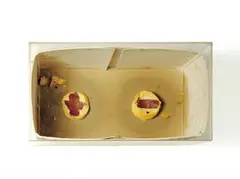 Joseph Beuys, Wechselstromaggregat, 1968, Oil (Braunkreuz) and pencil on card box with two round fat balls. Approx