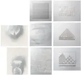 Heinz Mack, Made in Silver, 1966, 8 works: 1 embossing print on aluminum, 1 collage of embossed metal sheets, 1 pleated fold relief, 3 screenprints on card, 2 embossing prints on aluminium card. Each