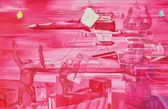 Jacques Monory, Toxique No.19, toto, 1983, Oil, collaged with string and paper, on canvas