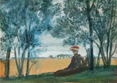 Sitzendes Paar in einer Landschaft by August Macke, Circa 1904, Watercolour, gouache and black ink on drawing card, sold Jun 2023