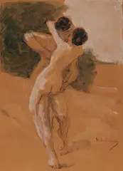 Max Liebermann, Liebespaar, Circa 1926, Gouache on leather in a leather frame
