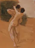 Max Liebermann, Liebespaar, Circa 1926, Gouache on leather in a leather frame