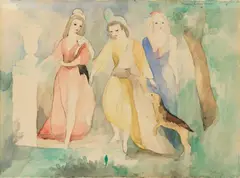 Marie Laurencin, Trois jeunes filles au chien, rose, bleu et vert, Watercolour over pencil drawing on firm paper