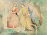 Trois jeunes filles au chien, rose, bleu et vert by Marie Laurencin, Watercolour over pencil drawing on firm paper, sold Jun 2023
