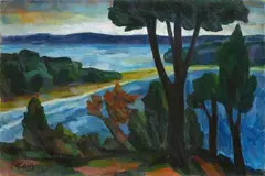 Max Kaus, Bäume am Seeufer, Circa 1925, Oil on artist's board