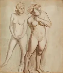 Zwei stehende Akte in agressiver Haltung by Karl Hubbuch, Circa 1930/32, Watercolour over pencil on cardboard, sold Jun 2023