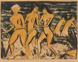 Otto Mueller, Fünf gelbe Akte am Wasser, 1921, Lithograph in colours on pale yellow laid paper