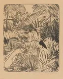 Otto Mueller, Waldsee mit drei badenden und einem sitzenden Mädchen 2, 1918, Lithograph on copperplate paper with blindstamp "DIE SCHAFFENDEN"