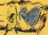 Untitled (Zwei Mädchen auf dem Sofa) by Ernst Ludwig Kirchner, 1909, Pen and ink and coloured chalks on yellow paper (postcard without address and postmark), sold Jun 2023