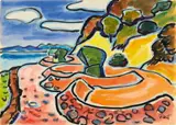 Burgen am Strand by Karl Schmidt-Rottluff, 1955, Watercolour and brush and India ink on watercolour card, sold Jun 2023