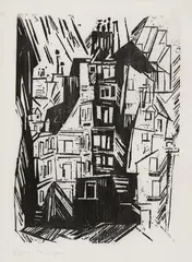 Pariser Häuser by Lyonel Feininger, 1920, Woodcut on fine Japan laid paper, sold Jun 2023