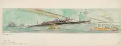 Design for Marine Transportation Building, New York World's Fair by Lyonel Feininger, 1938, Watercolour, charcoal and pen and India ink on ivory-coloured paper with watermark "Canson & Montgolfier France", sold Jun 2023