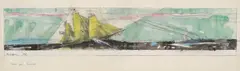 Sketch for Mural (Marine Transportation Building, New York World's Fair) by Lyonel Feininger, 1938, Watercolour, charcoal and pen and India ink on ivory-coloured laid paper with watermark "Canson & Montgolfier France" (c, sold Jun 2023