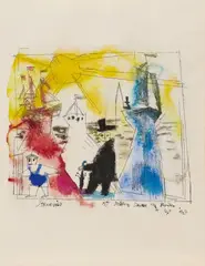 Strandbild by Lyonel Feininger, 1922, Pen and India ink, watercolour and pencil on laid paper with watermark, sold Jun 2023