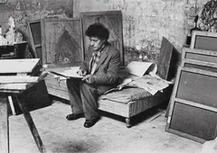 Ernst Scheidegger, Alberto Giacometti in seinem Pariser Atelier. Details des Ateliers mit Büsten und Wandmalereien, 1953. 1962, 2 gelatin silver prints, printed later. Each