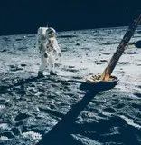 Nasa, Astronaut Edwin E. Aldrin Jr. walks on the Moon near a leg of the Lunar Module, Apollo 11, 1969, Vintage chromogenic print on Kodak paper