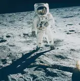 Nasa, Astronaut Edwin E. Aldrin Jr. walks on the surface of the moon near the leg of the Lunar Module "Eagle", Apollo 11, 1969, Vintage chromogenic print on Kodak paper