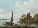 follower of Dirck Dalens, River Landscape with an Angler and a Washer Woman, Oil on panel