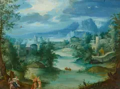 Flemish School Early 17th century, Landscape with the Baptism of Christ, Oil on copper