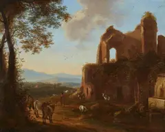 Horatius de Hooch, Italianate Landscape with Ruins and Shepherds, Oil on panel