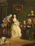 Courtship Scene with a Young Woman at a Spindle by circle of Pietro Longhi, Oil on canvas (relined), offered May 2023