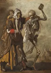 circle of Adriaen Pietersz van de Venne, Beggar Woman with a child and the Death, Oil on panel
