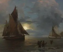 Andreas Achenbach, Moonlit Coastal Landscape with Sailing Ships, Oil on panel