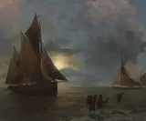 Andreas Achenbach, Moonlit Coastal Landscape with Sailing Ships, Oil on panel