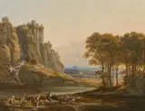 German School 19th century, Rocky River Landscape with Peasants and a Herd of Cattle
