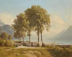 Fishing nets at Lake Biel by Jean Philippe George, Oil on cardboard, sold May 2023
