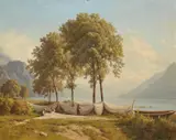 Jean Philippe George, Fishing nets at Lake Biel, Oil on cardboard