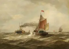 Albert Halle, Steamships and Sailing Ships on Rough Seas, Oil on panel