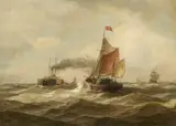 Albert Halle, Steamships and Sailing Ships on Rough Seas, Oil on panel