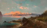 Karl Millner, Southern Landscape with Mountains and Lakes, Oil on canvas, mounted on card