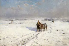 Hugo Mühlig, Winter Landscape with Donkies, Oil on canvas
