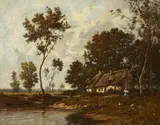 Léon Richet, Landscape with a house by a lake, Oil on canvas