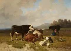Louis Robbe, Cattle and Sheep in a Meadow, Oil on canvas