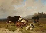 Louis Robbe, Cattle and Sheep in a Meadow, Oil on canvas